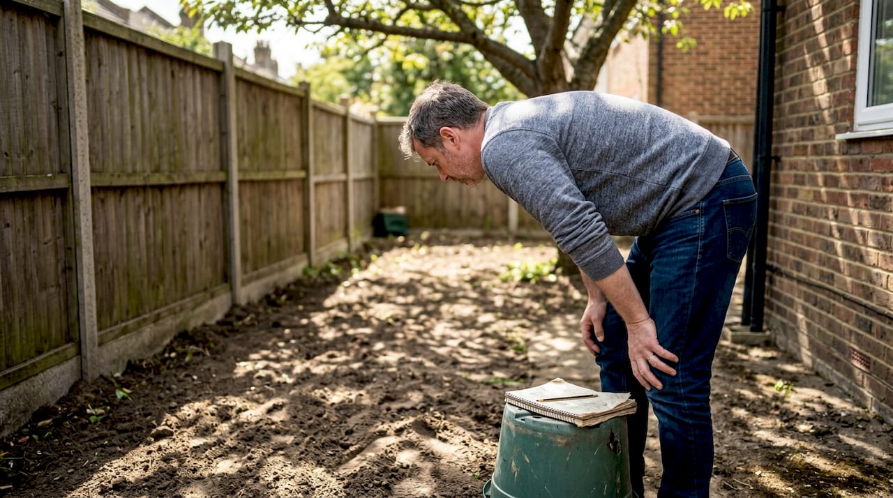 Homeowner inspecting ground for knotweed regrowth