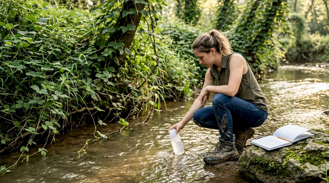 生态学家正在河边采集水样，进行水质检测。