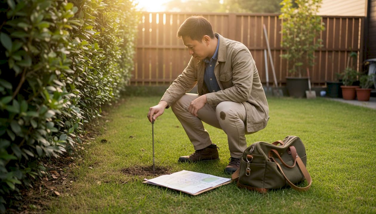 验房师正在检查环保住宅的草坪状况