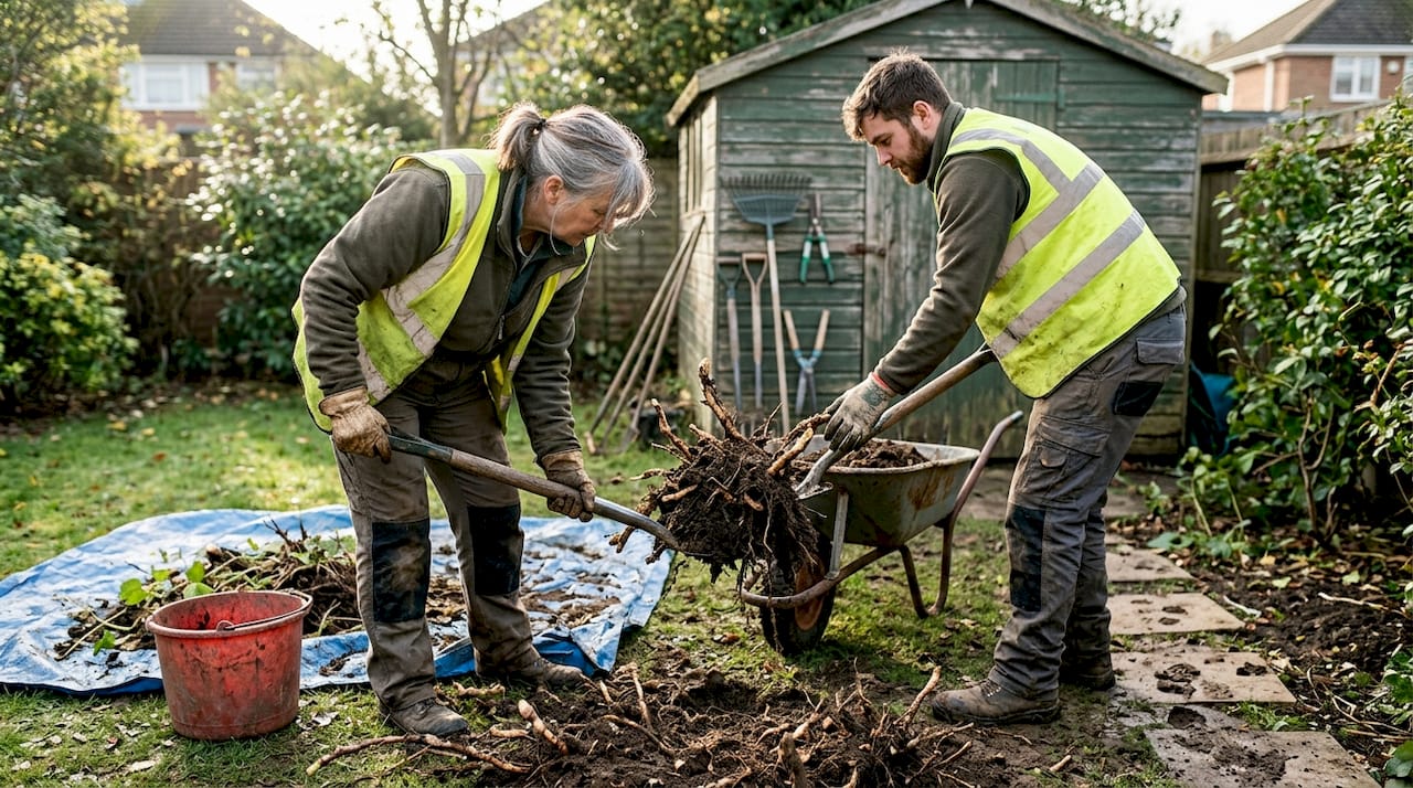 Workers digging up knotweed roots and soil