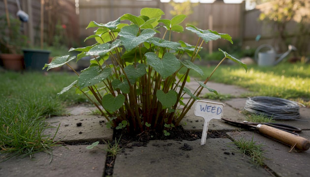 Japanese Knotweed stems and leaves in garden