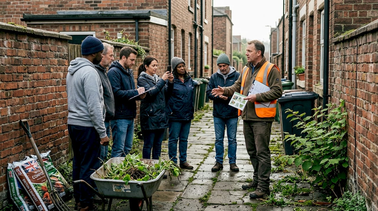 Group learning knotweed prevention behind houses