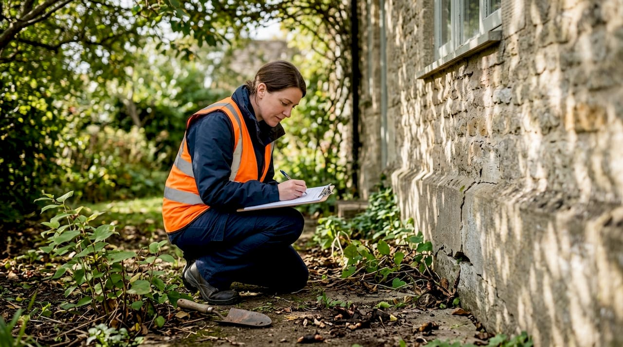 Surveyor checks for invasive plants near stone foundation