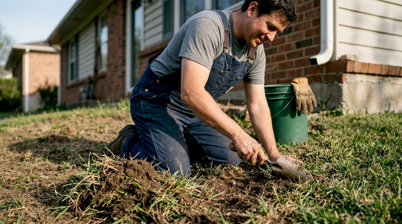 园林工人采用非化学方式治理结缕草