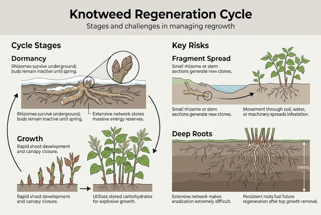Infographic on knotweed regeneration stages and risks