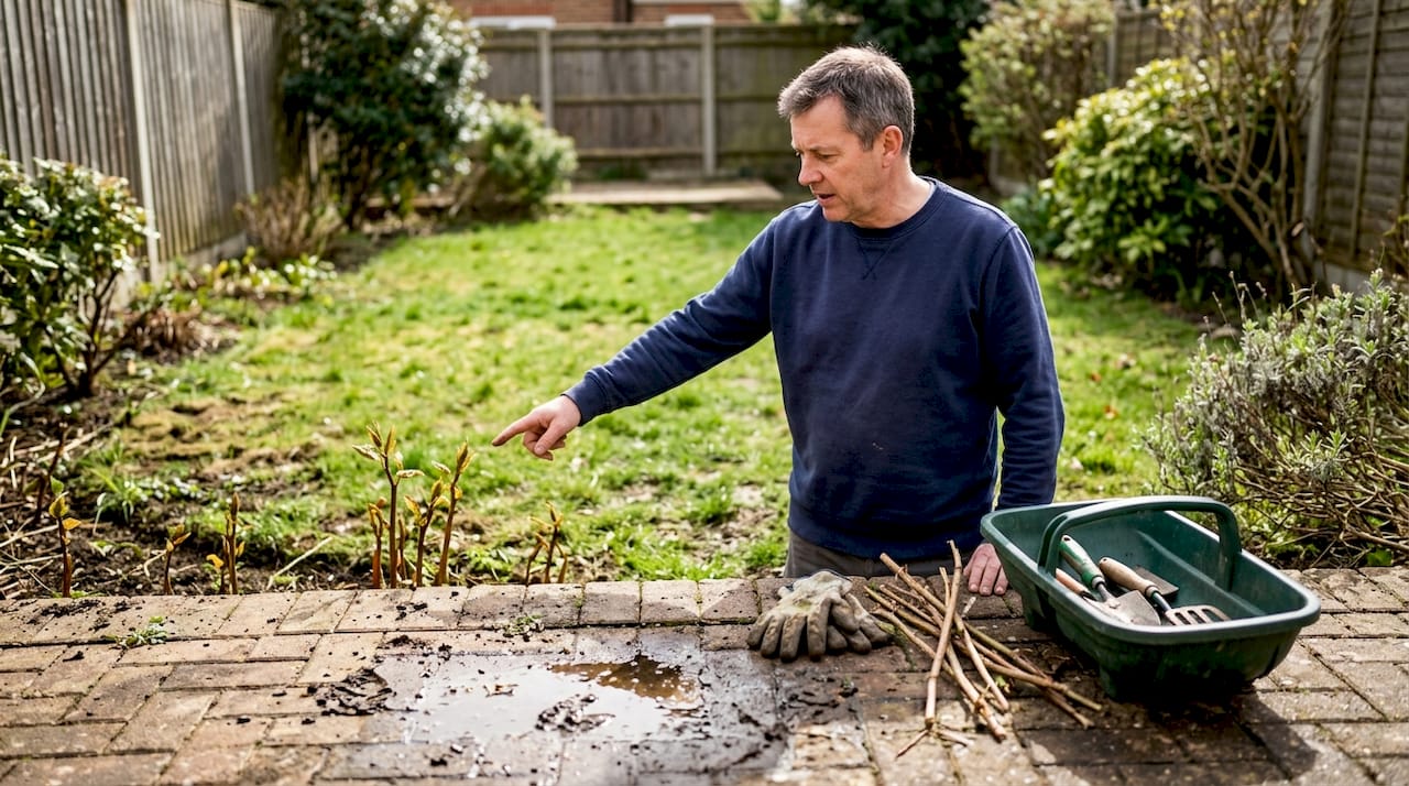 Homeowner points at returning knotweed sprouts
