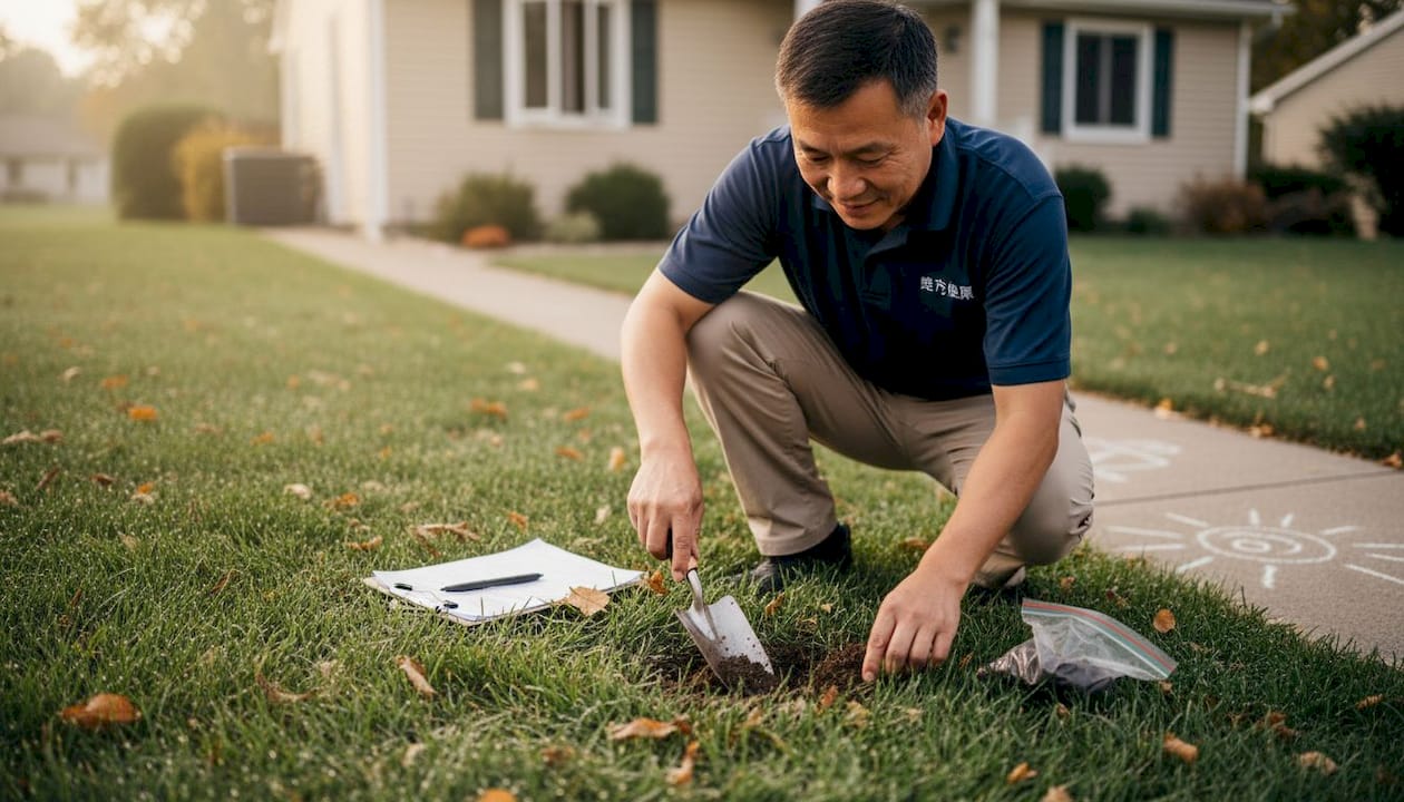 一名测量员正在住宅附近采集土壤样本。