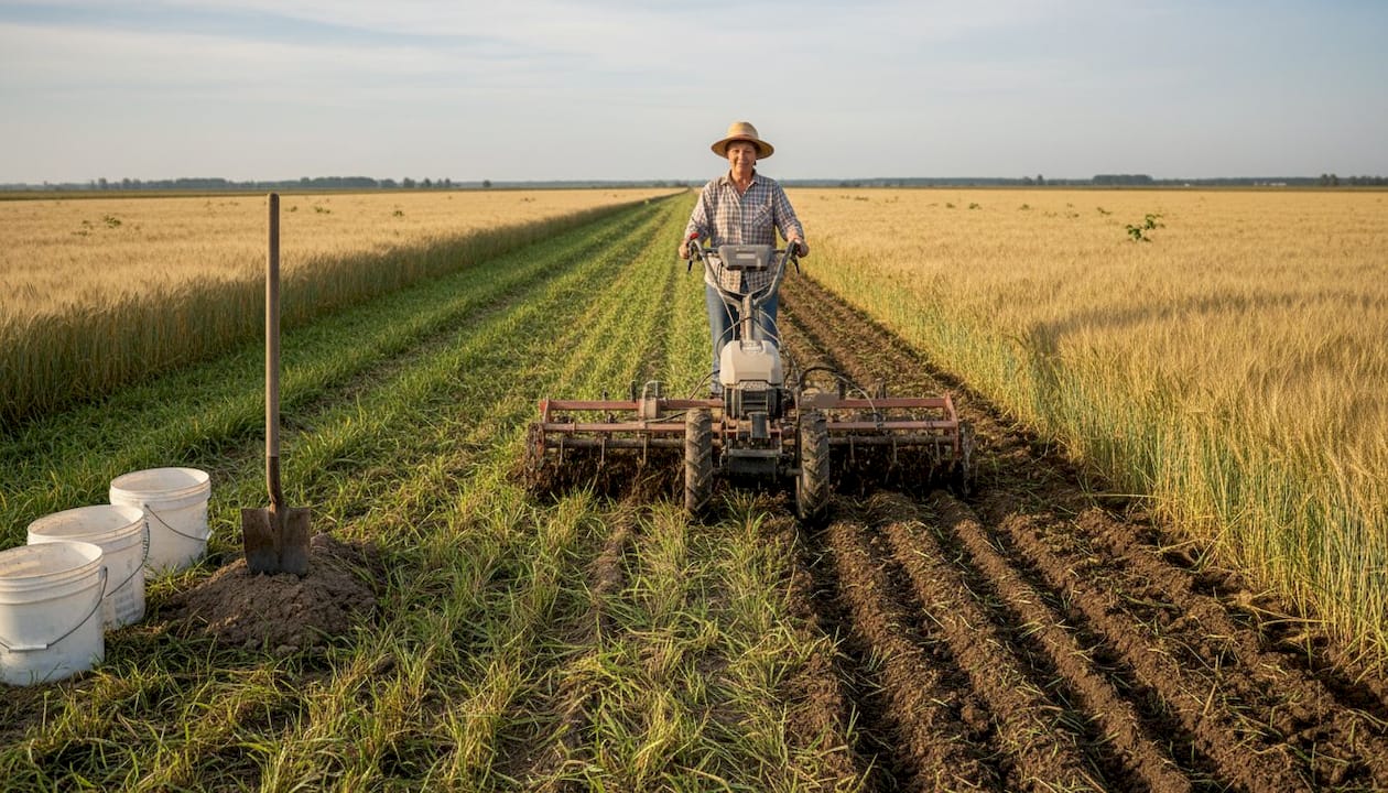 在田间地头，农民们正熟练地操作机械除草设备，为庄稼生长保驾护航。