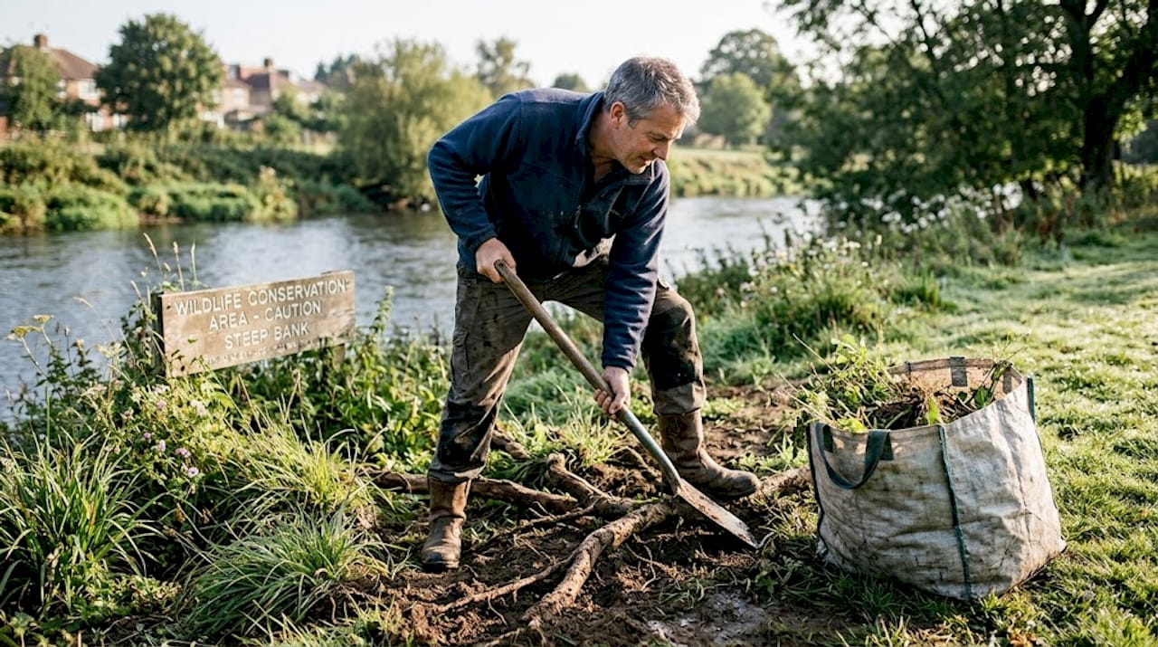 Man digging riverbank to remove weeds