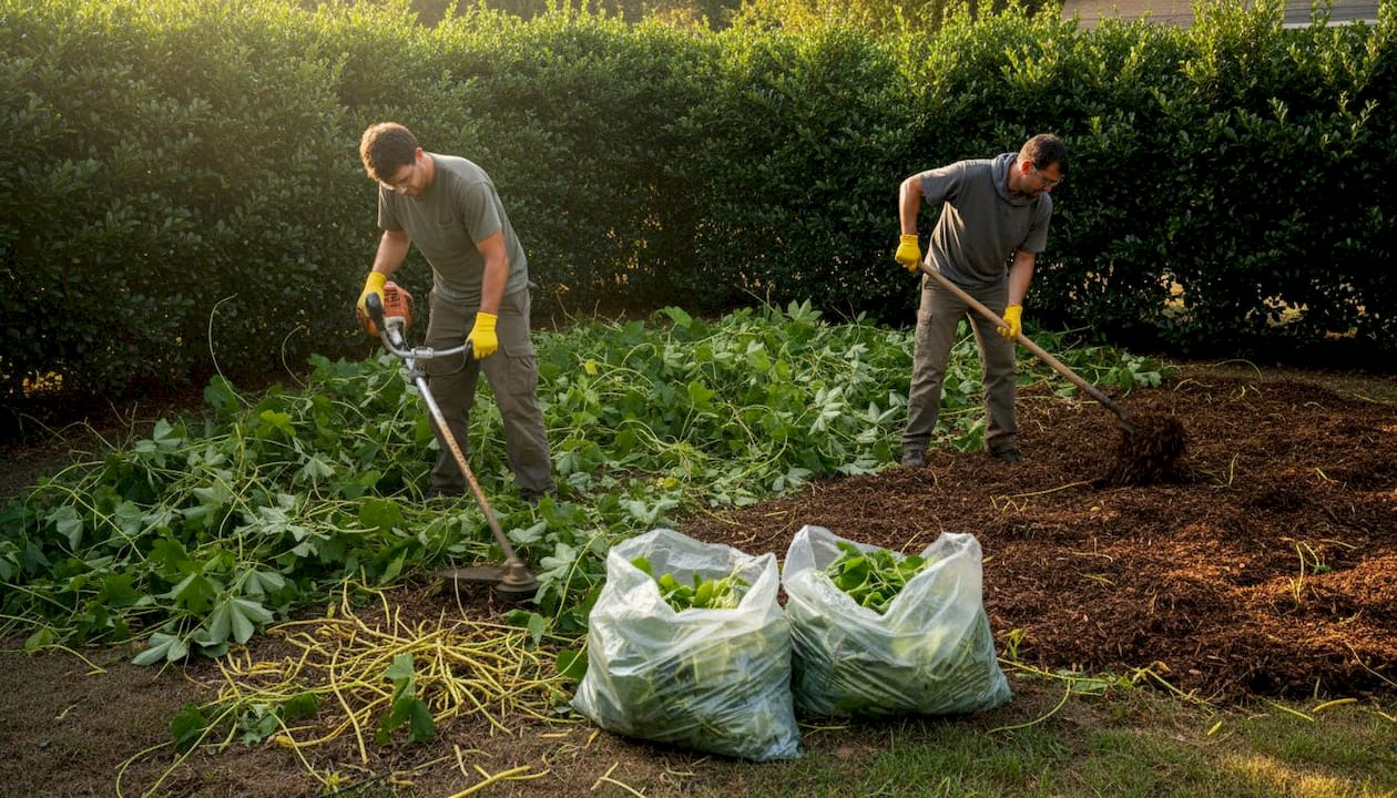 工人们正在用机械设备割除杂草，并及时对现场进行覆盖处理。