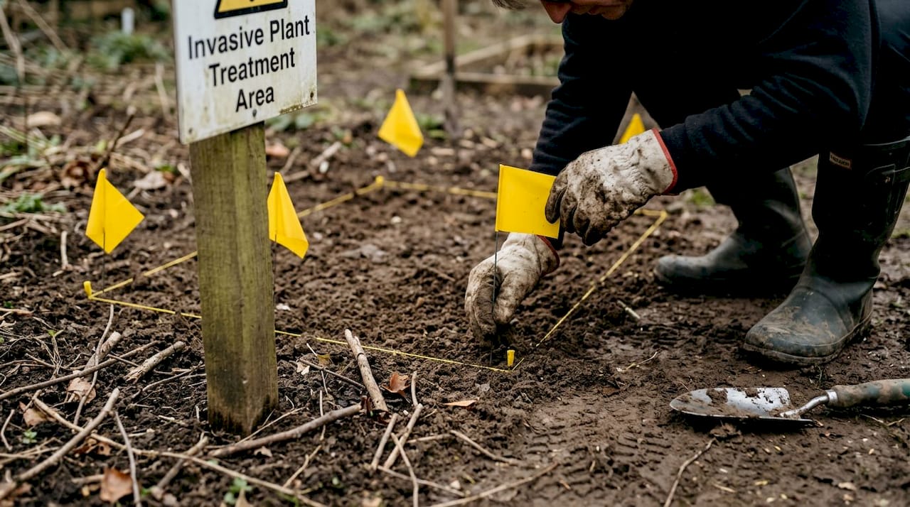 Hands marking knotweed-infected area with flags