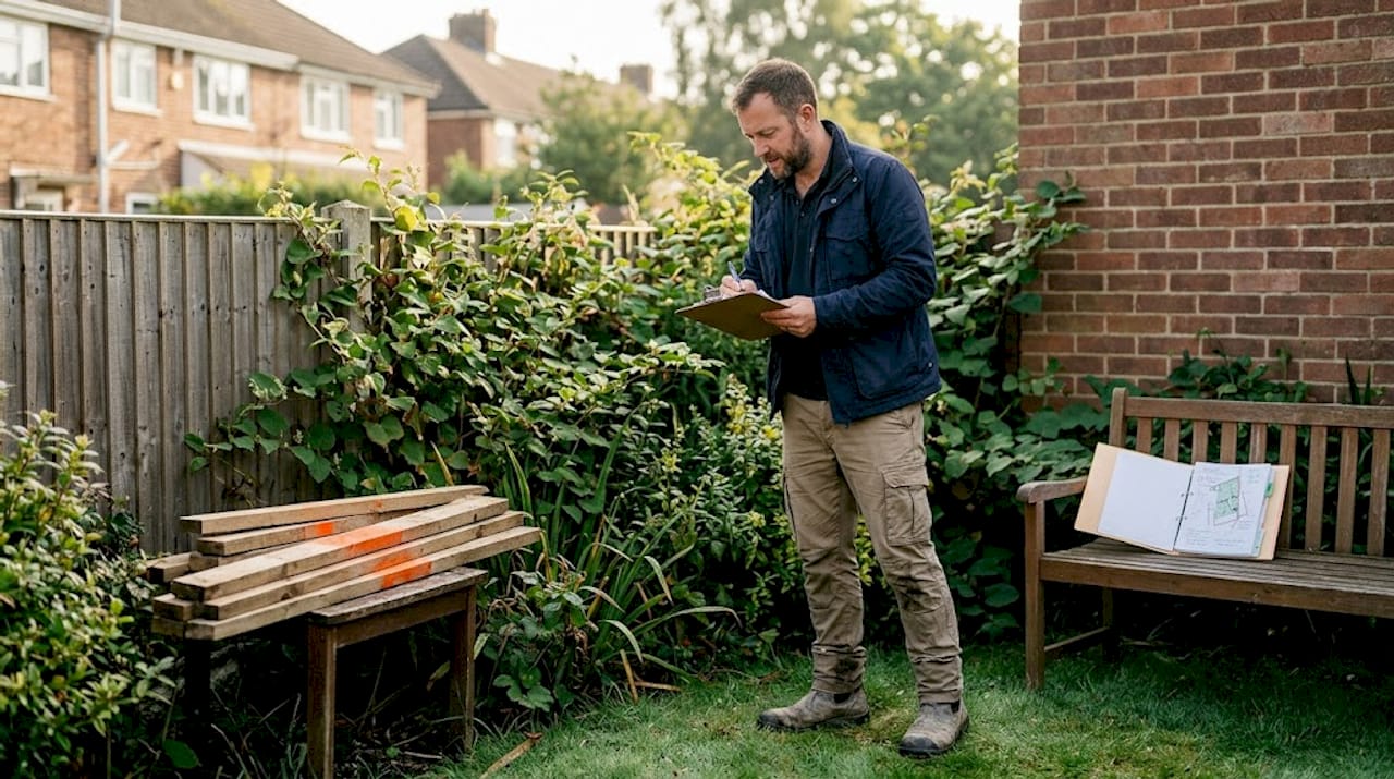 Specialist inspecting Japanese Knotweed in urban yard