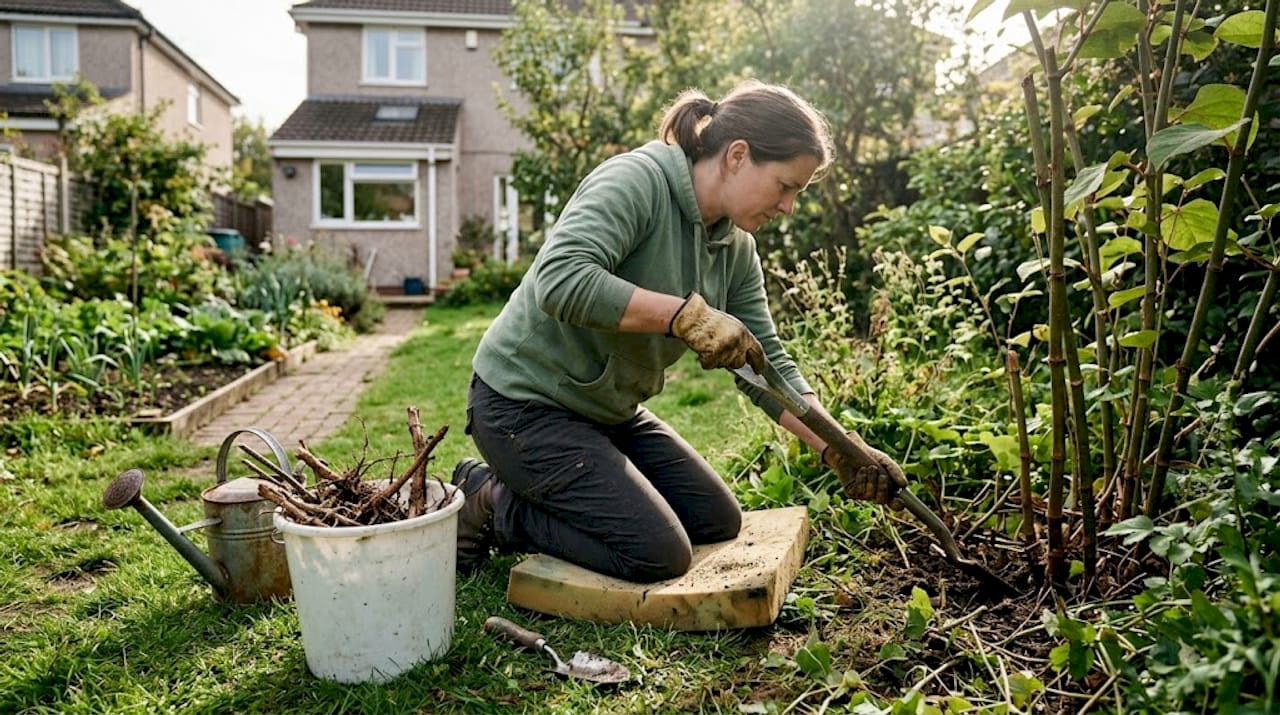 一位女士正在自家后院挖野生的虎杖