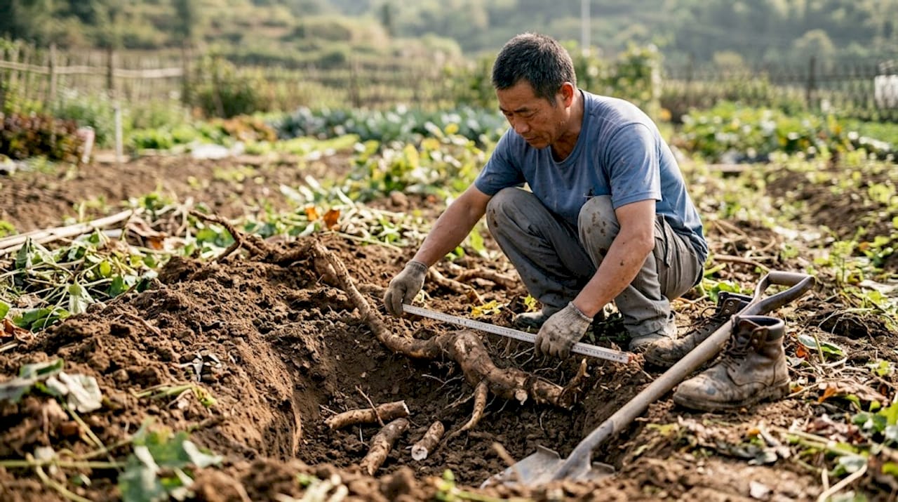 园艺师正在土壤中检查日本葛根的根茎生长情况。