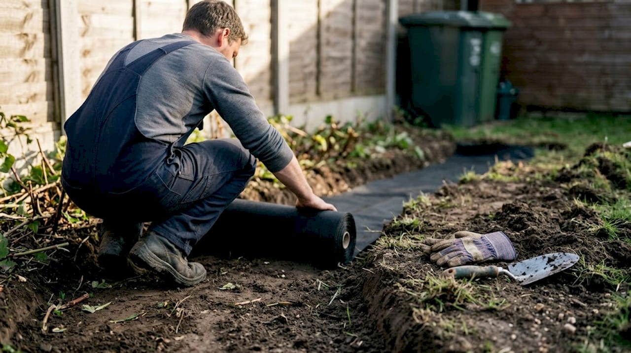 园艺师正在院子里安装防根隔板，防止植物根系蔓延。