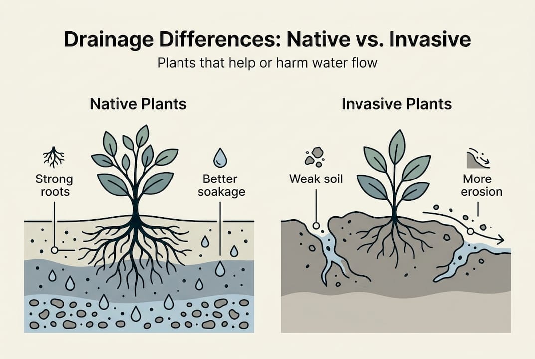 Infographic comparing native and invasive drainage