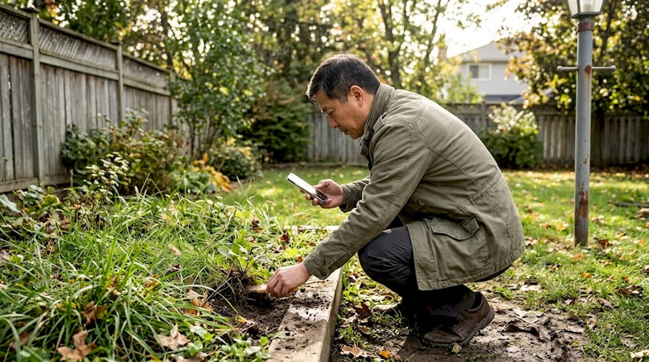 检查房屋周围花坛边缘是否有杂草生长