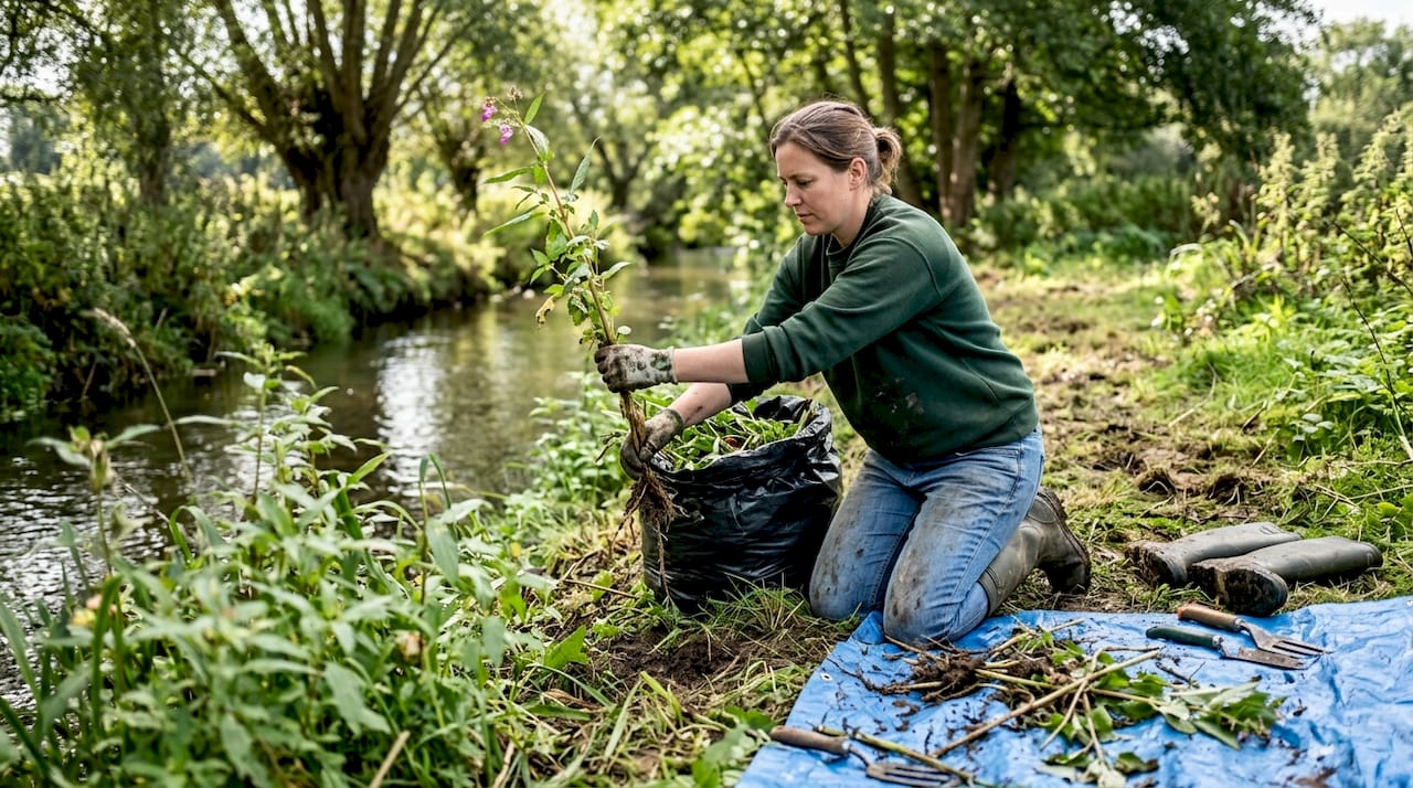 Woman removing invasive weeds by stream bank