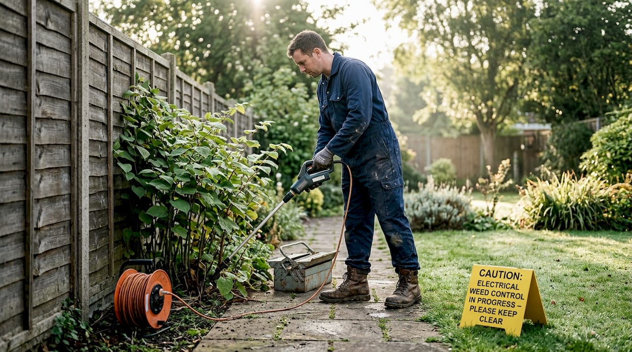 Technician applying electrical weed control outdoors