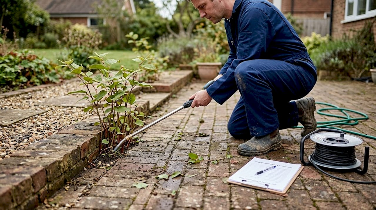 Engineer using device for weed removal outside home