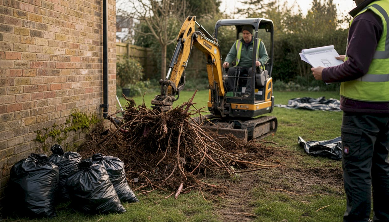 Contractor excavating roots near house foundation