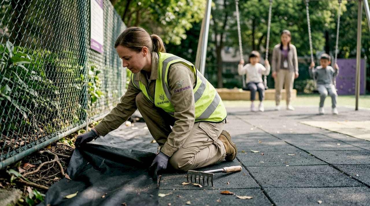 工作人员正在儿童游乐场附近安装防根隔离带。