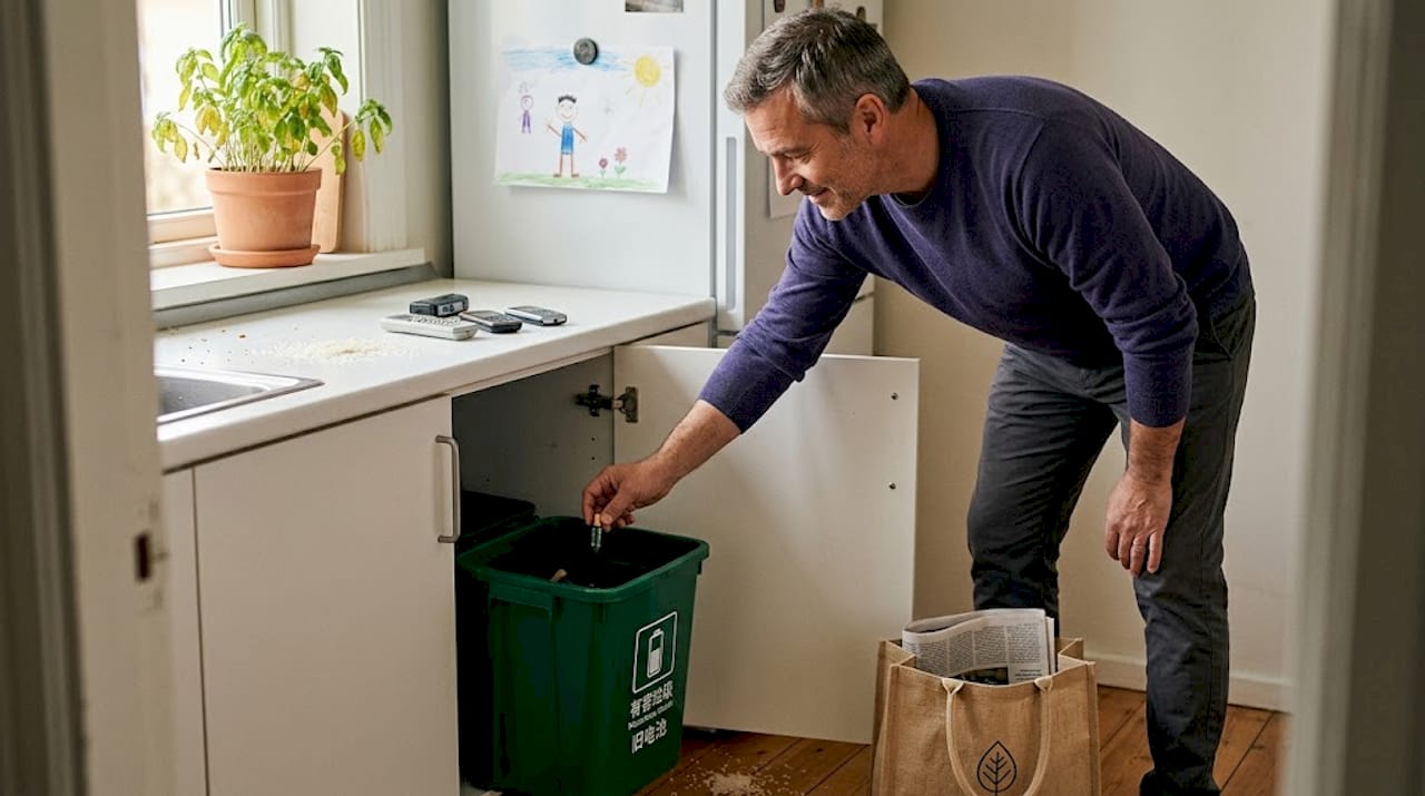 一位男士正在厨房里分类处理废旧电子产品。