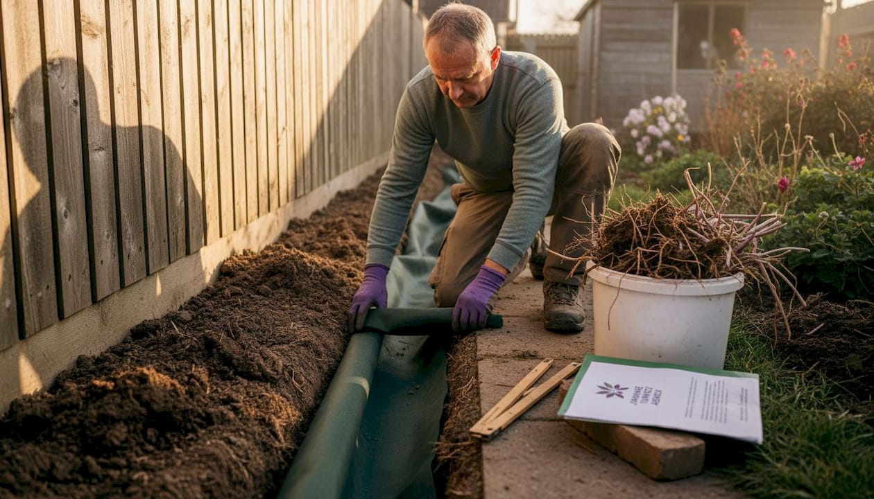 Contractor installing root barrier during knotweed removal