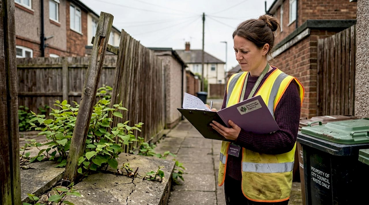 Surveyor documents knotweed damage in alley