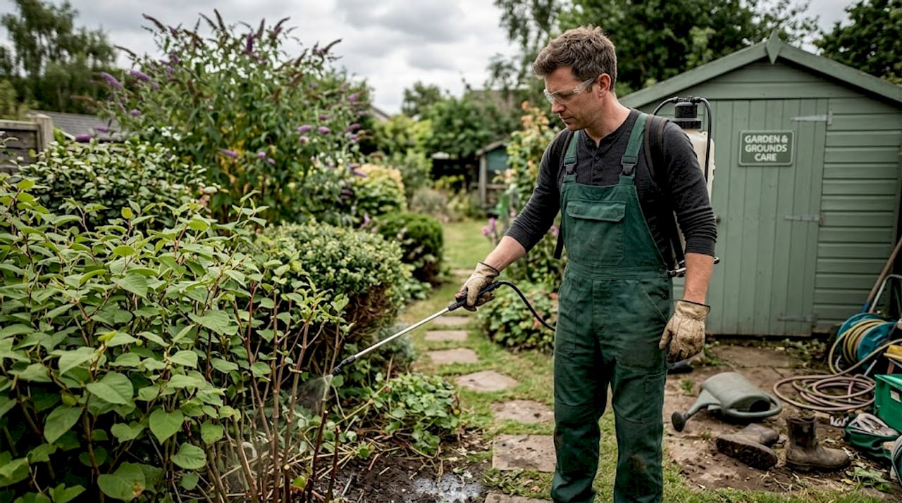 Groundskeeper spraying Knotweed in suburban garden