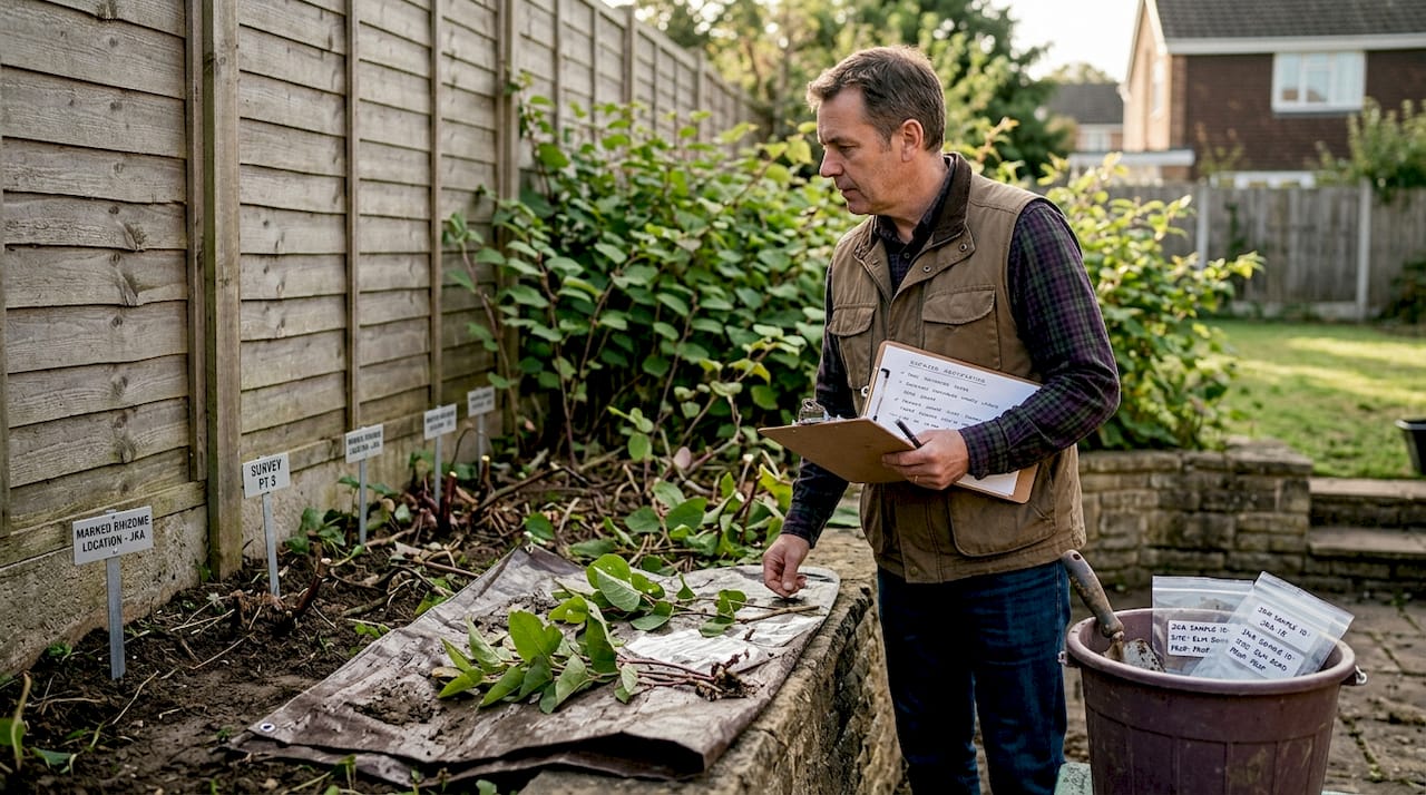 Surveyor assessing invasive weed site outdoors