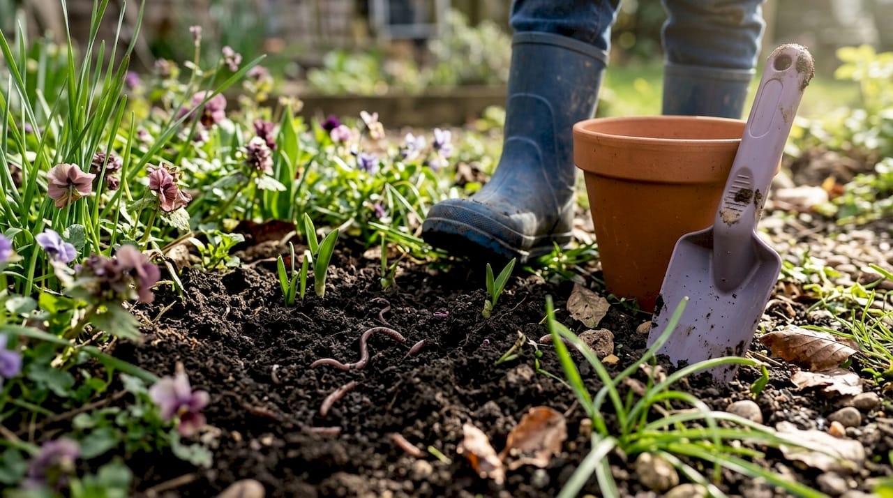 Close-up of healthy garden soil and seedlings