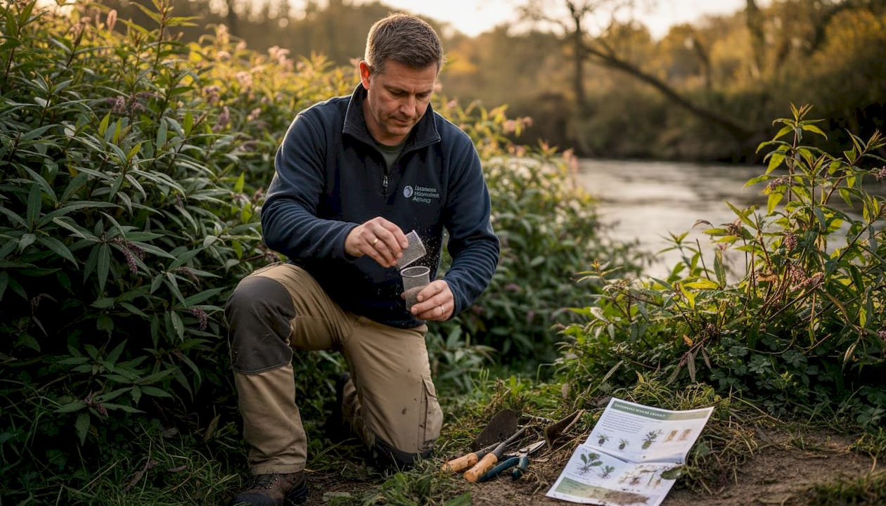 Professional releases bio-control insects by riverbank