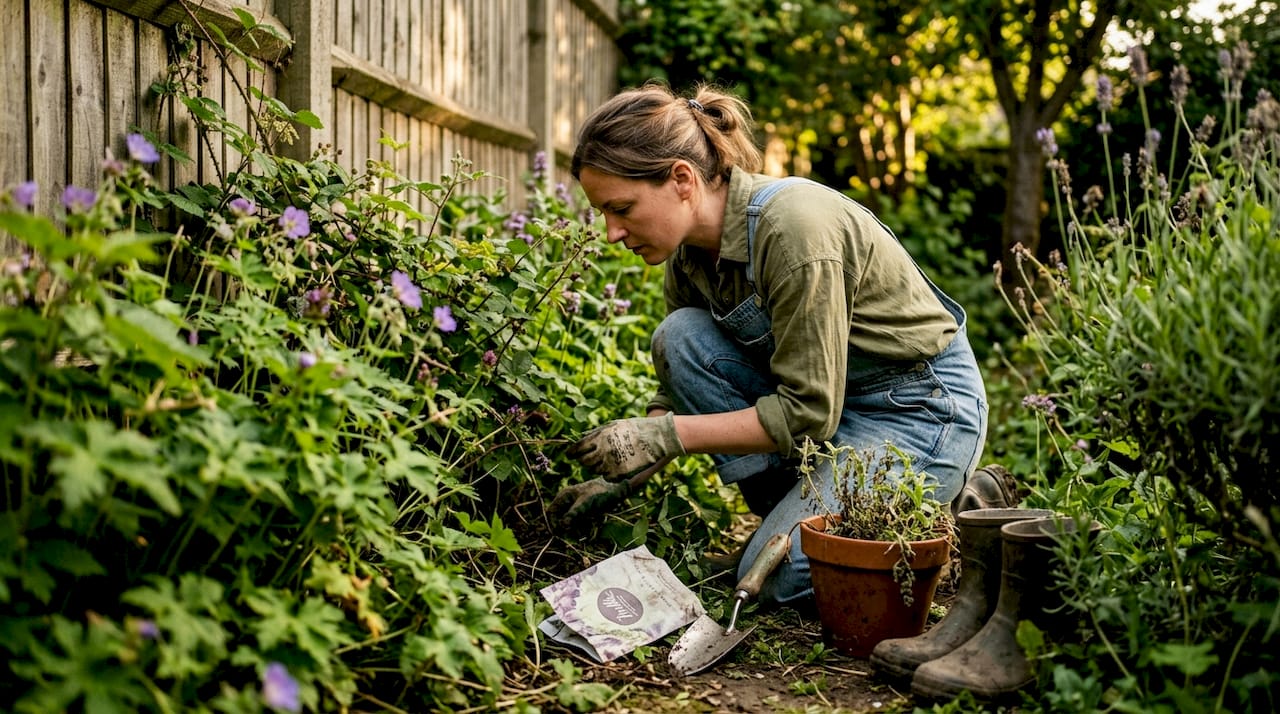 Homeowner searching overgrown garden for knotweed