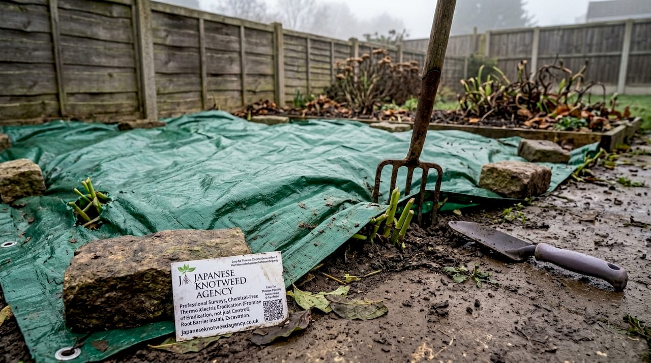 Black anaerobic tarp smothering knotweed patch