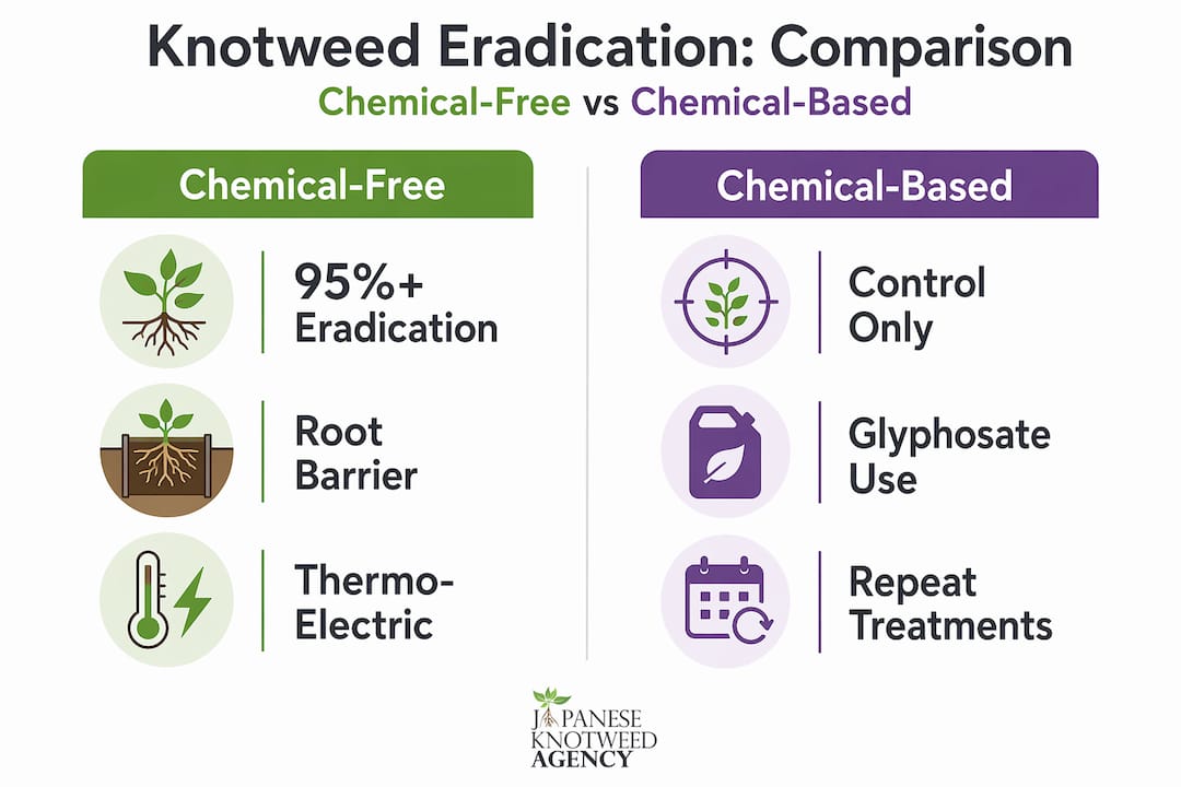 Infographic comparing chemical-free and chemical knotweed methods