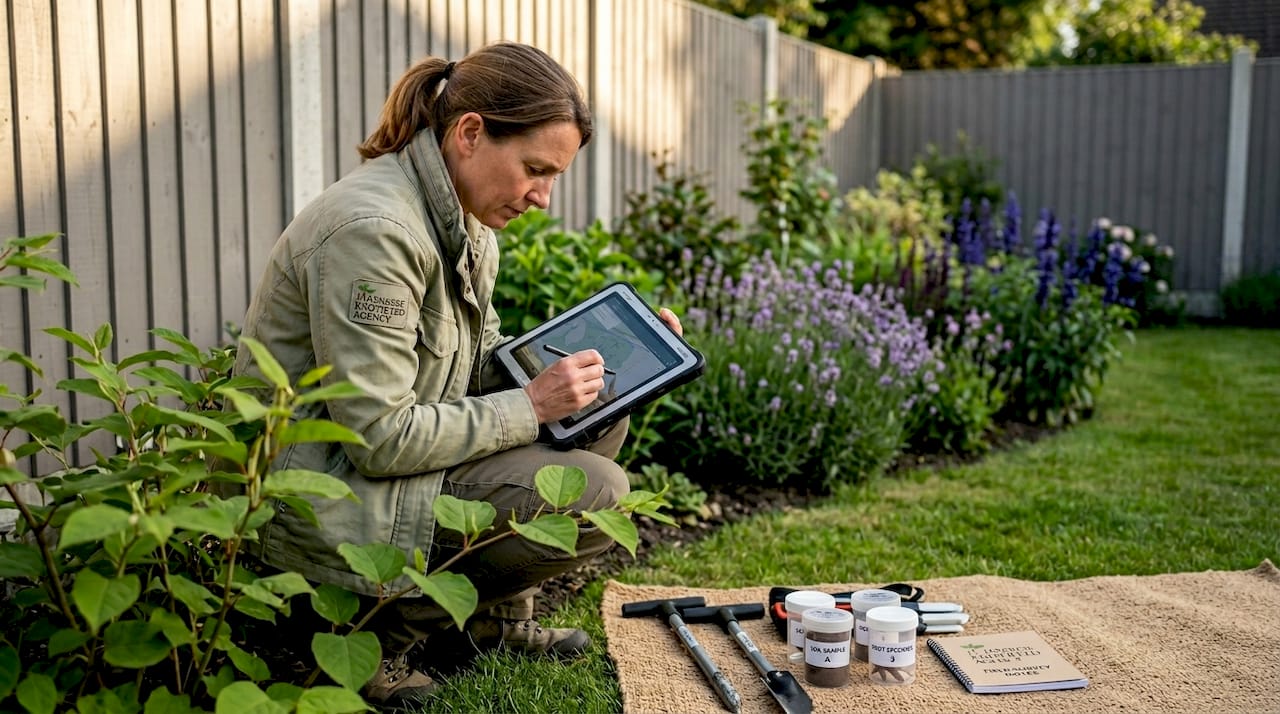 Surveyor documenting Japanese knotweed in homeowner garden