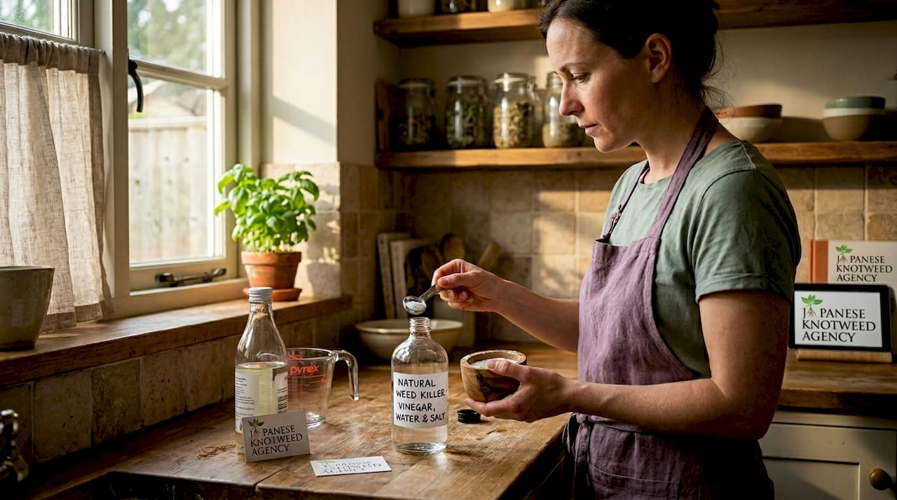 Preparing homemade vinegar weed spray in kitchen