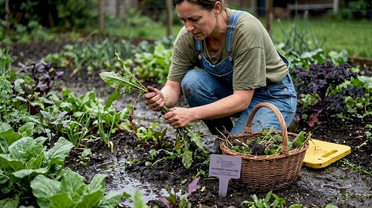 Woman weeding in moist garden after rain