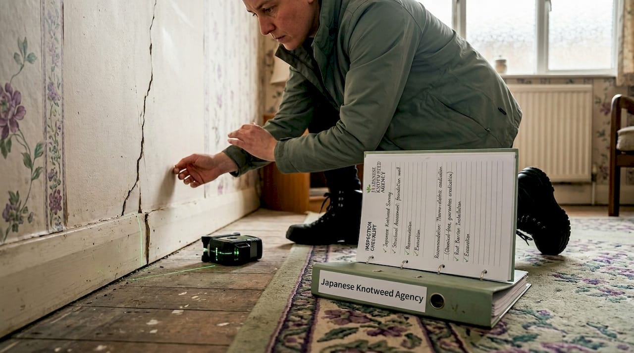 Surveyor checking cracked foundation wall indoors