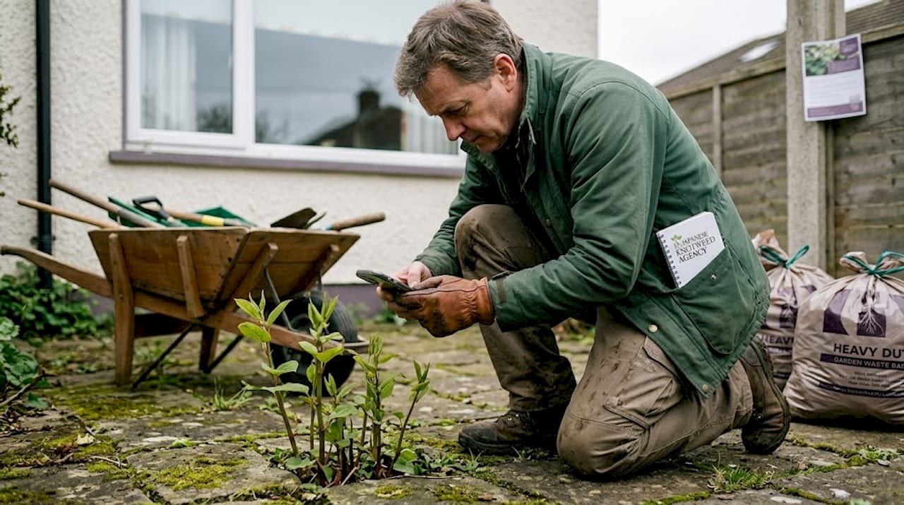 Japanese knotweed damaging home garden paving