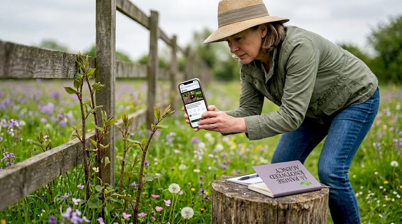 Woman photographing weeds on rural land survey