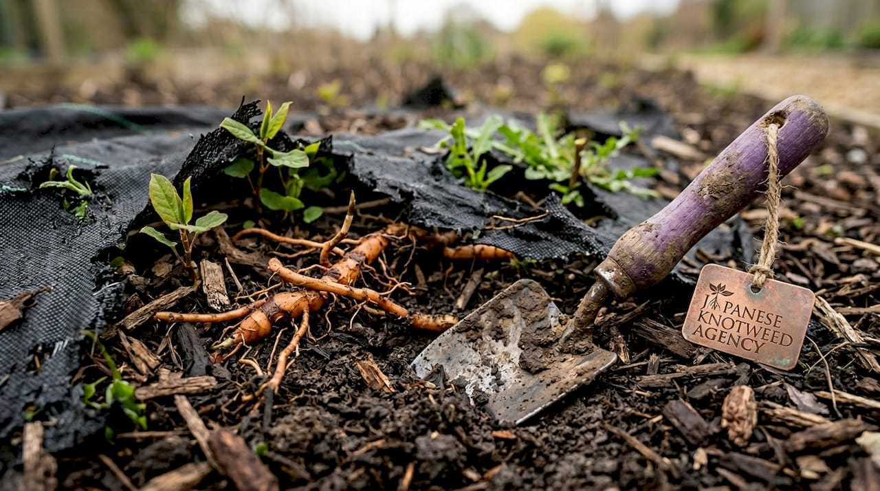 Deteriorating plastic barrier mixed with garden soil