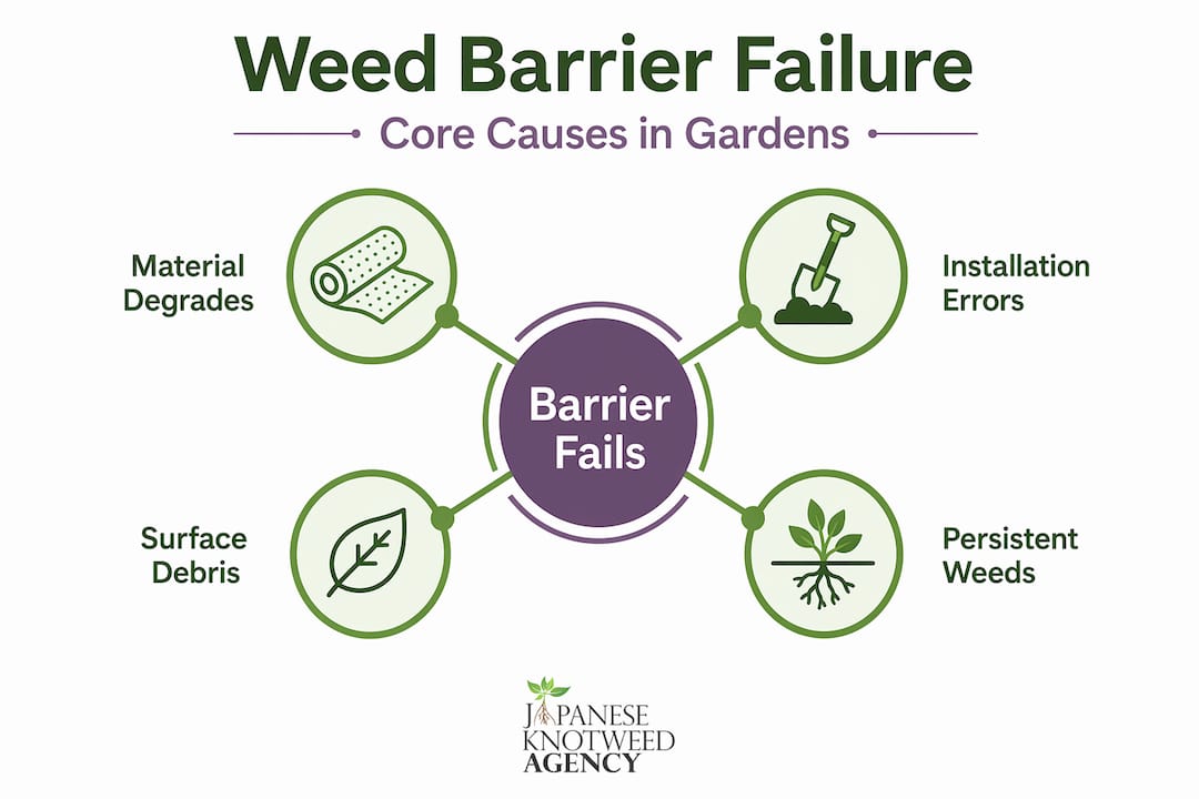 Infographic showing main causes of weed barrier failure