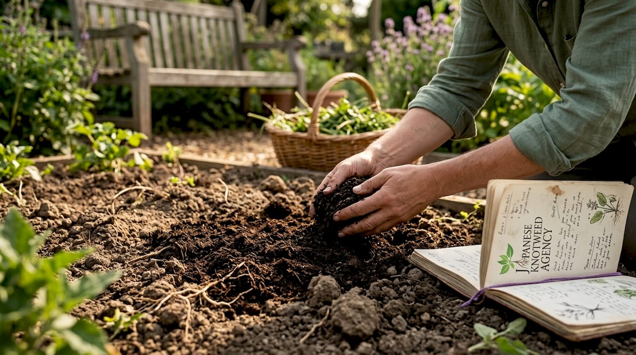Hands spreading compost in garden soil