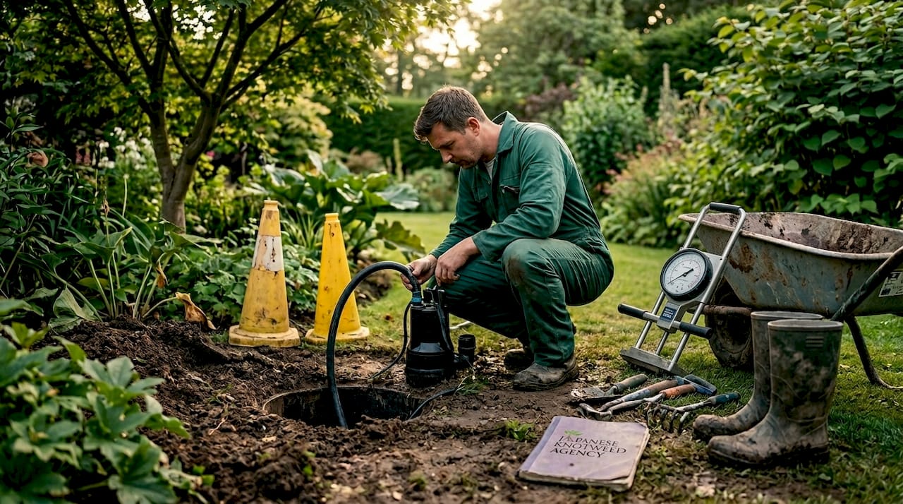 Worker inspecting sump pit and pump in backyard