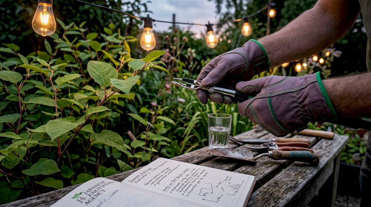 Hands adjusting weed control equipment outdoors