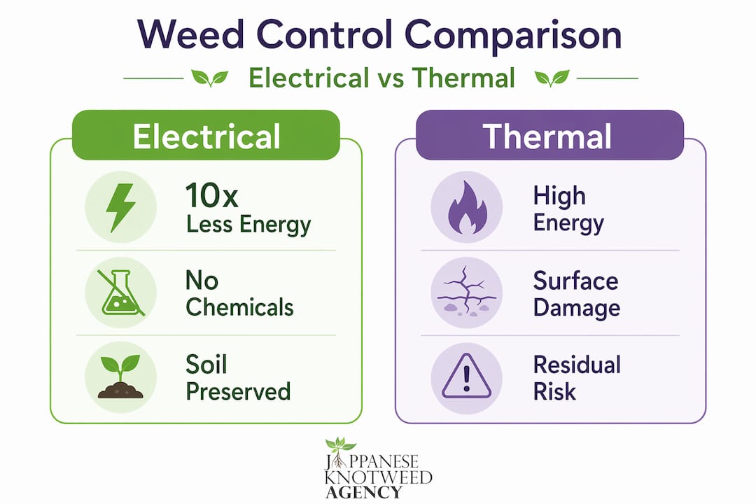 Infographic comparing electrical and thermal weed removal methods