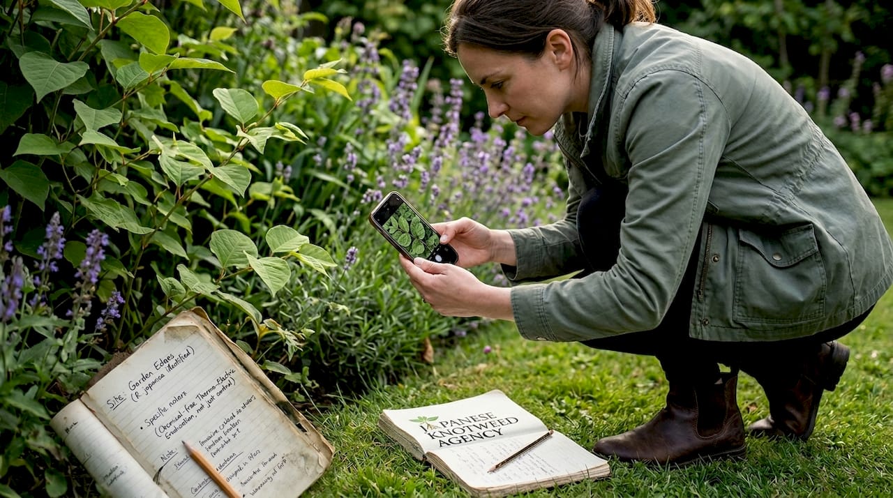 Surveyor photographing invasive plant for identification