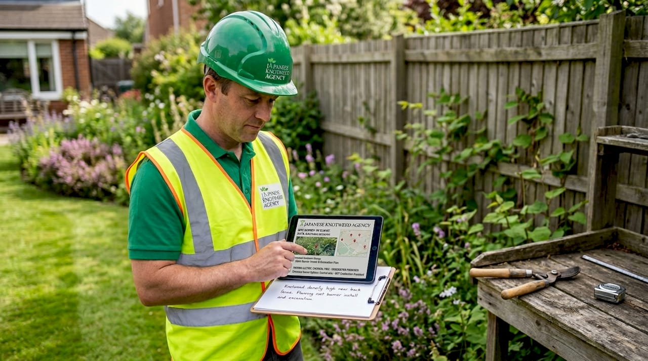 Professional conducting weed clearance survey in garden